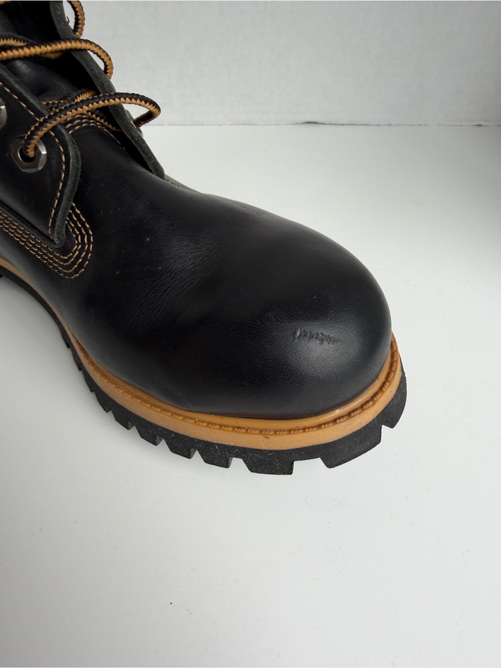Mens Timberland Premium 6” Black Boots Sz 8 Smooth Leather Tan Stitching Work - Picture 11 of 15